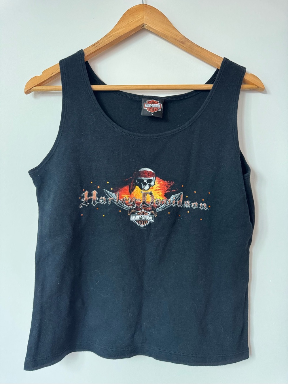 Vintage Harley Davidson Rhinestone Pirate Skull Tank Top Black Peoria AZ Large